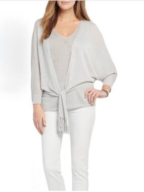 Nic + Zoe silver‎ shimmer linen blend tie-front cardigan